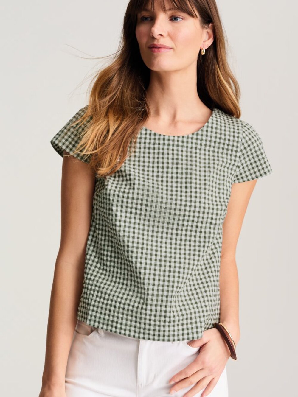 J. Jill Button Back Short Sleeve Gingham Top Green XS